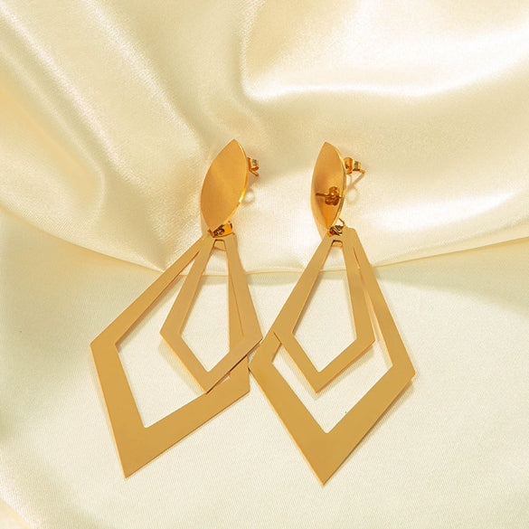 Wholesale Stainless Steel Goldplated Geometric Rhombus Hollow Doublelayer Women's Earrings