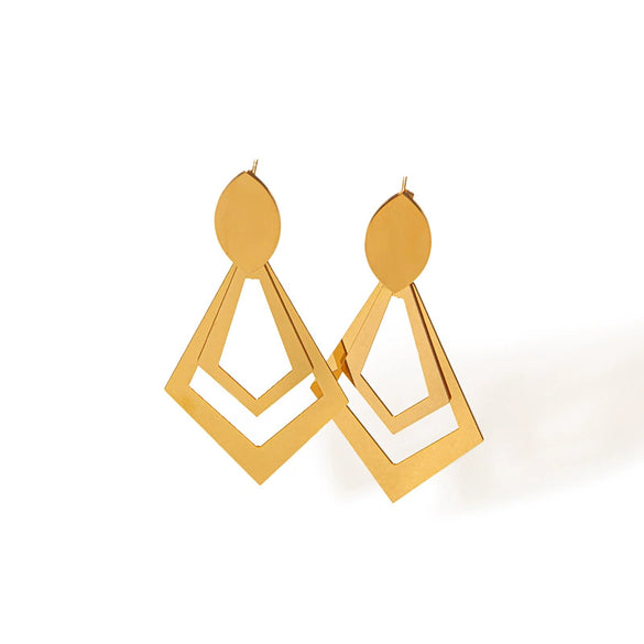 Wholesale Stainless Steel Goldplated Geometric Rhombus Hollow Doublelayer Women's Earrings