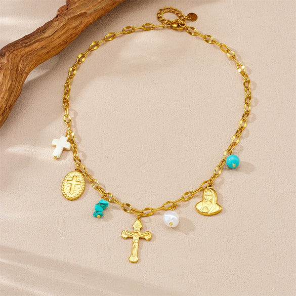 Wholesale Stainless Steel Goldplated Multielement Pendant Women's Personality Chain Necklace