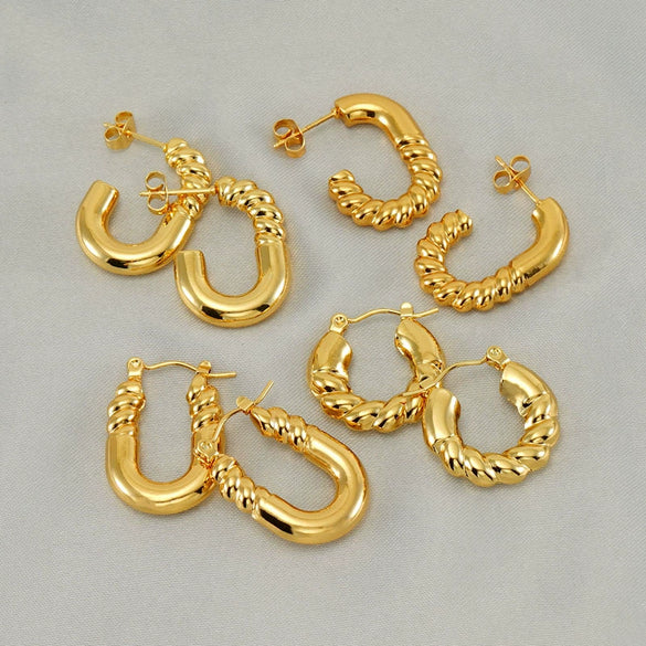 Wholesale 316L Stainless Steel Goldplated Retro Geometric Hollow Earrings