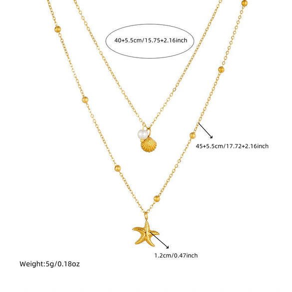Wholesale Stainless Steel Goldplated Starfish Scallop Pearl Fashionable Necklace With Doublelayer Chain And Electroplating Design