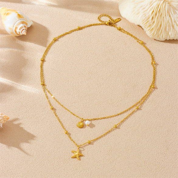 Wholesale Stainless Steel Goldplated Starfish Scallop Pearl Fashionable Necklace With Doublelayer Chain And Electroplating Design