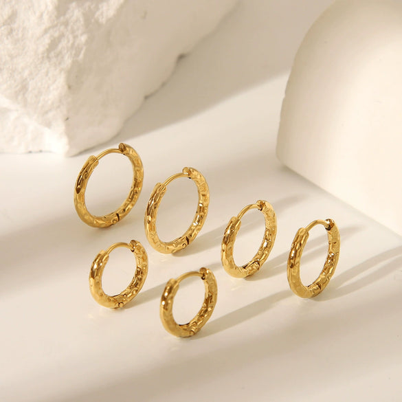 Wholesale Stainless Steel Hammered Earrings With Pvd Furnace Real Gold Electroplating Simple Light Luxury Plain Ring Earrings