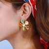 Wholesale Stainless Steel Hammered Flower Cat's Eye Stone Earrings With 18K Gold Electroplating For Women