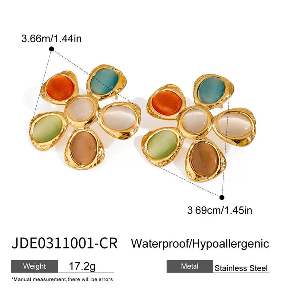 Wholesale Stainless Steel Hammered Flower Cat's Eye Stone Earrings With 18K Gold Electroplating For Women