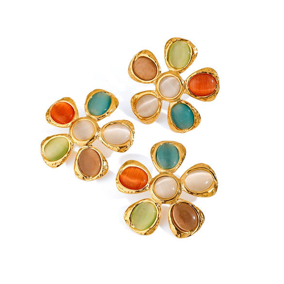 Wholesale Stainless Steel Hammered Flower Cat's Eye Stone Earrings With 18K Gold Electroplating For Women