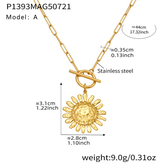 Wholesale 316L Stainless Steel Hammered Geometric And Sunflower Buckle Necklace For Women With Electroplating Light Luxury Style