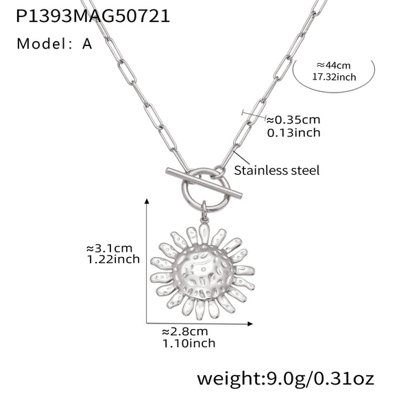 Wholesale 316L Stainless Steel Hammered Geometric And Sunflower Buckle Necklace For Women With Electroplating Light Luxury Style