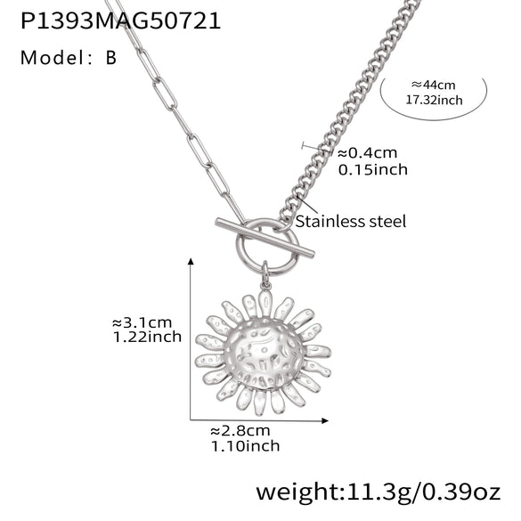 Wholesale 316L Stainless Steel Hammered Geometric And Sunflower Buckle Necklace For Women With Electroplating Light Luxury Style