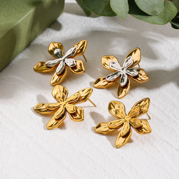 Wholesale Stainless Steel Hammered Leaf Pattern Electroplated Women's Earrings