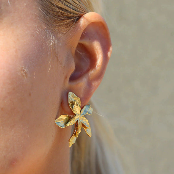 Wholesale Stainless Steel Hammered Leaf Pattern Electroplated Women's Earrings