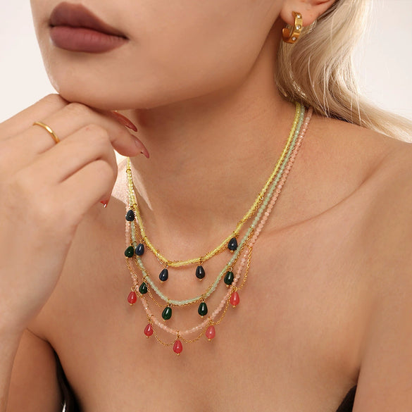 Wholesale 316L Stainless Steel Handmade Beaded Water Drop Opal Light Luxury Geometric Necklace