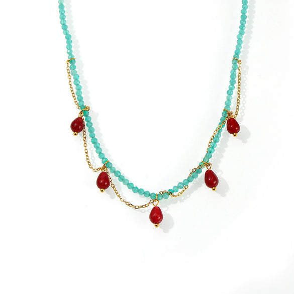 Wholesale 316L Stainless Steel Handmade Beaded Water Drop Opal Light Luxury Geometric Necklace