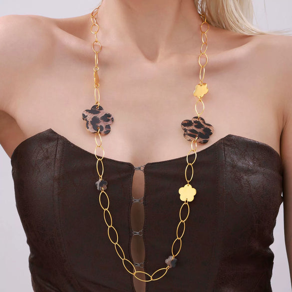 Wholesale Stainless Steel Handmade Chain Snowflake Leopard Sweater Necklace With Geometric Pattern 18K Gold Plated