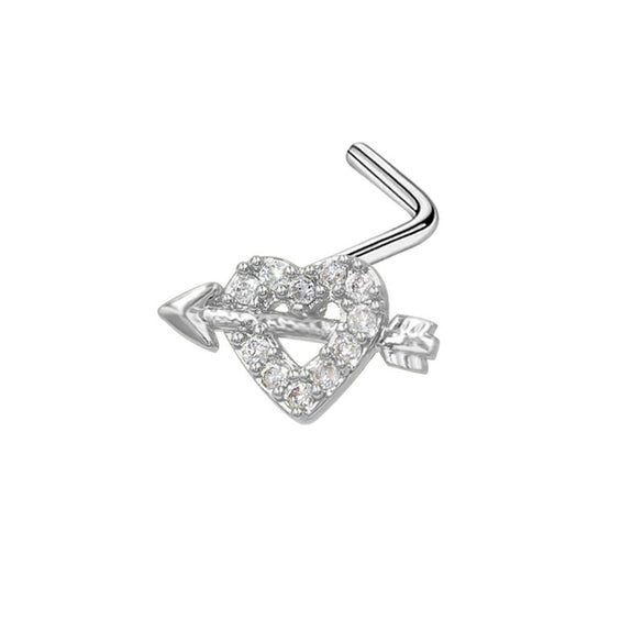 Wholesale Stainless Steel Heart Puncture Nose Ring With Diamond Design