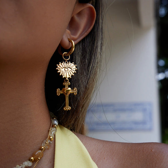Wholesale Stainless Steel Heart Shape Devil's Eye Cross Pendant Earrings With Electroplating Design