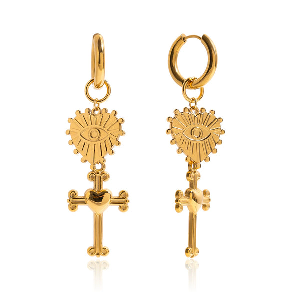 Wholesale Stainless Steel Heart Shape Devil's Eye Cross Pendant Earrings With Electroplating Design
