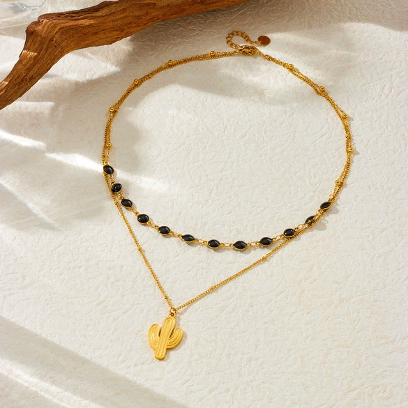 Wholesale Stainless Steel Heart Shape Electroplated Doublelayer Necklace For Women With Oil Dropping And Sun And Moon Painted Patterns