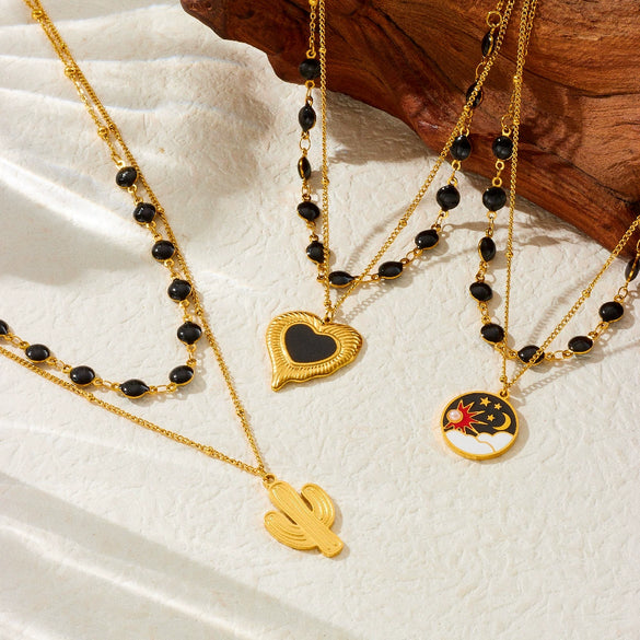 Wholesale Stainless Steel Heart Shape Electroplated Doublelayer Necklace For Women With Oil Dropping And Sun And Moon Painted Patterns