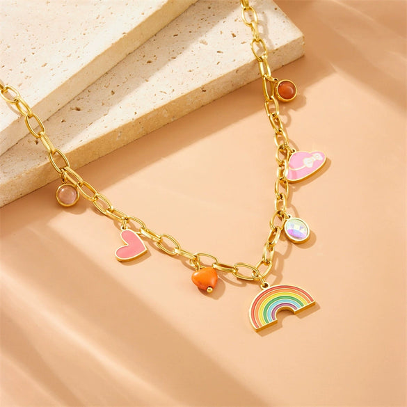 Wholesale Stainless Steel Heart Shape Fashion Oil Dropping Love Rainbow Hat Pendant O Chain Necklace For Women With Electroplating