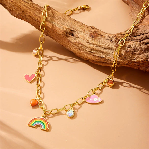 Wholesale Stainless Steel Heart Shape Fashion Oil Dropping Love Rainbow Hat Pendant O Chain Necklace For Women With Electroplating