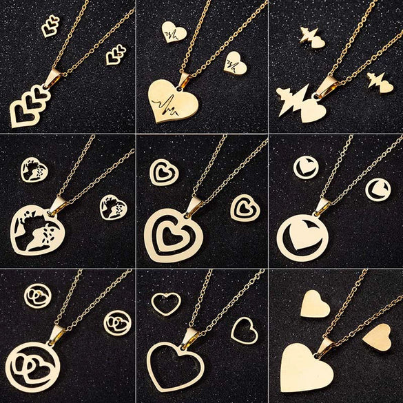 Wholesale Stainless Steel Heart Shape Light Luxury Style Jewelry Set With Electroplating Treatment Including Necklace And Earrings