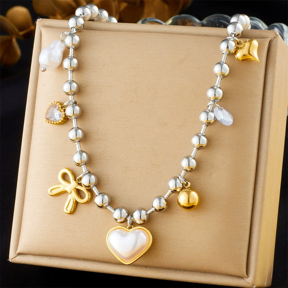 Wholesale Stainless Steel Heart Shape Love Bow Pendant Necklace For Women With Electroplating