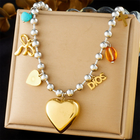 Wholesale Stainless Steel Heart Shape Love Bow Pendant Necklace For Women With Electroplating