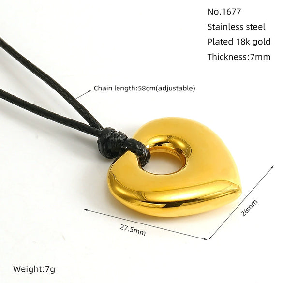 Wholesale Stainless Steel Heart Shape Pendant Necklace With Black Wax Rope And Electroplating
