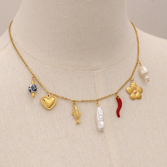 Wholesale Stainless Steel Heart Shaped Pearl Love Flower Pendant Necklace With Electroplating For Women