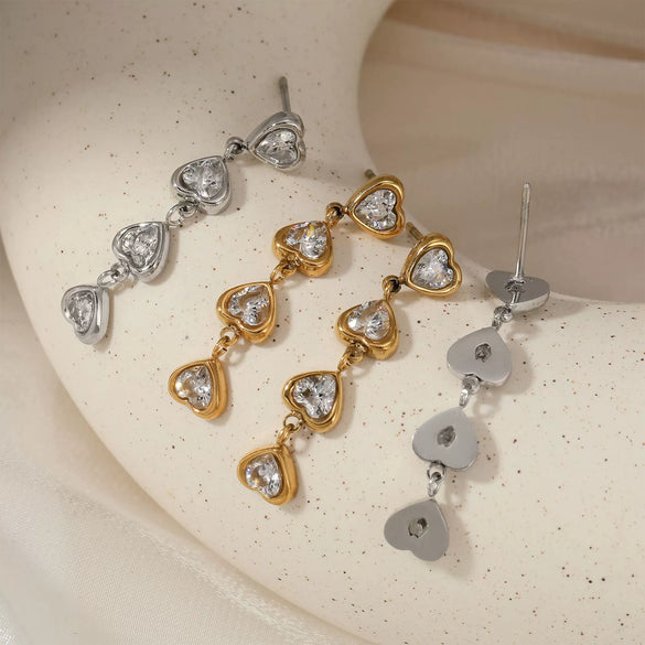 Wholesale 316 Stainless Steel Heart Shaped Zircon Long Pendant Earrings For Women Electroplated Light Luxury Style