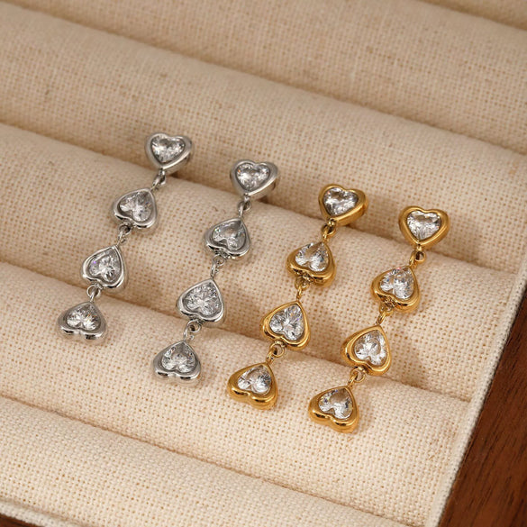 Wholesale 316 Stainless Steel Heart Shaped Zircon Long Pendant Earrings For Women Electroplated Light Luxury Style
