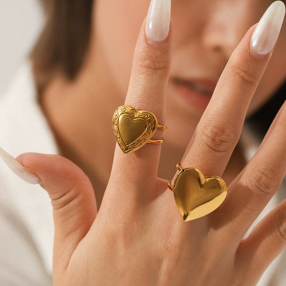 Wholesale Stainless Steel Heartshaped Open Ring With Geometric Pattern And Electroplating For Women