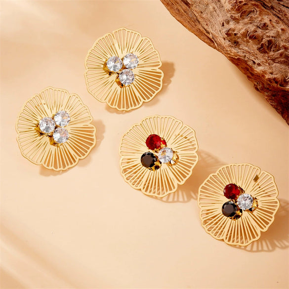 Wholesale Stainless Steel Hollow Flower Rhinestone Earrings Electroplated For Women Fashion Style