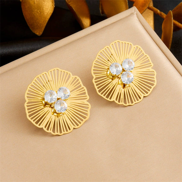 Wholesale Stainless Steel Hollow Flower Rhinestone Earrings Electroplated For Women Fashion Style