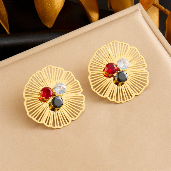 Wholesale Stainless Steel Hollow Flower Rhinestone Earrings Electroplated For Women Fashion Style