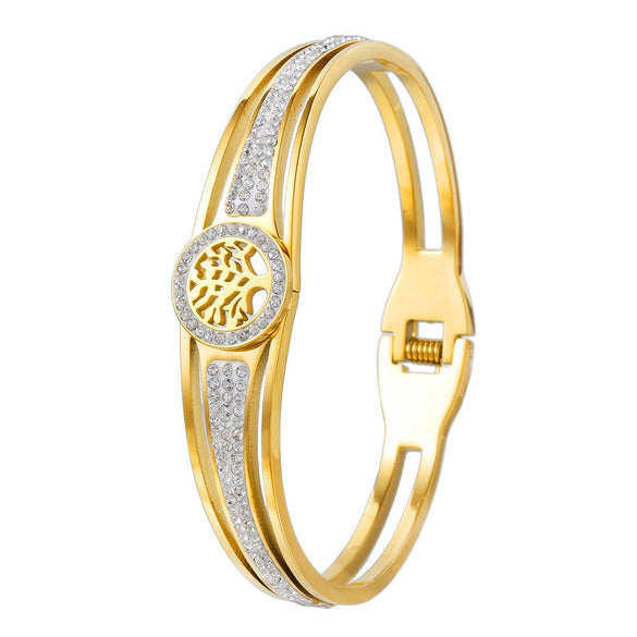 Wholesale Stainless Steel Hollow Inlaid Zircon Nonfading Geometric Electroplated Life Tree Unisex Bracelet