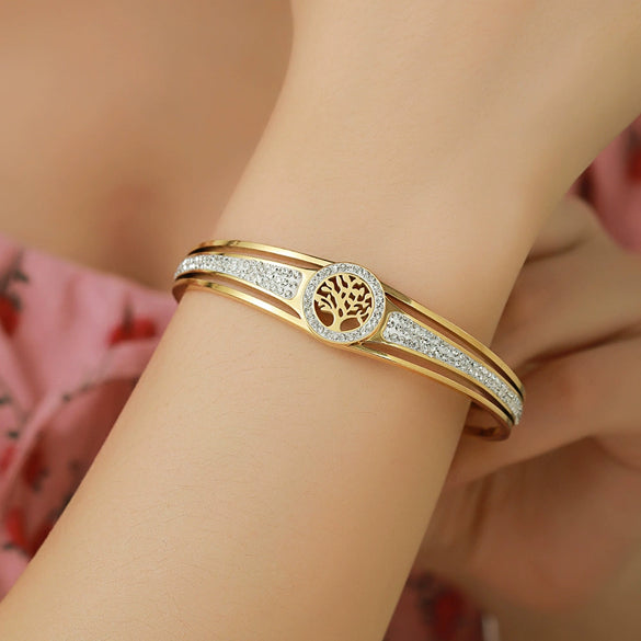 Wholesale Stainless Steel Hollow Inlaid Zircon Nonfading Geometric Electroplated Life Tree Unisex Bracelet