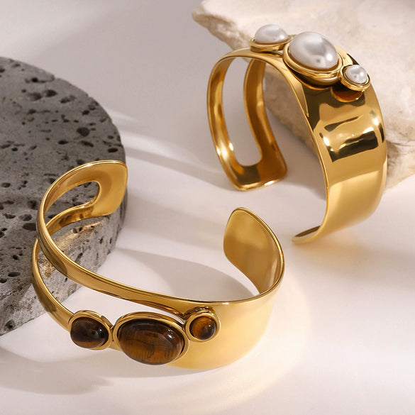 Wholesale Stainless Steel Hollow Pearl Open Bracelet With Electroplating Natural Style Hand Jewelry