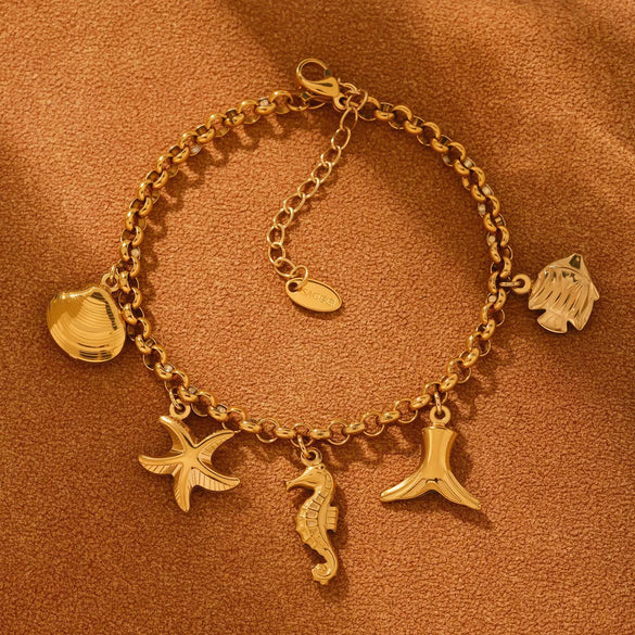Wholesale Stainless Steel Hollow Seahorse Fishtail Marine Series Pendant Bracelet With 18K Real Gold Electroplating For Women Geometric Pattern