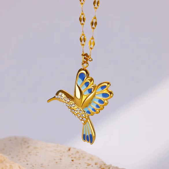 Wholesale Stainless Steel Hummingbird And Flower Pendant Jewelry With Inlaid Zircon Electroplated Necklace
