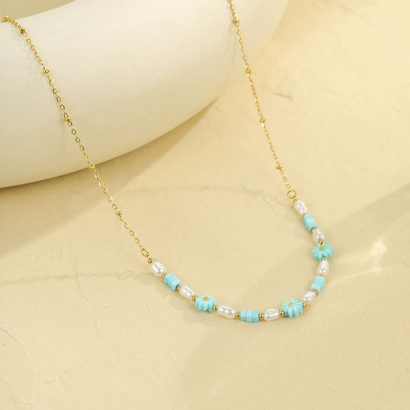Wholesale Stainless Steel Imitation Pearl Dopamine Beaded Geometric Style Necklace Bracelet Electroplated