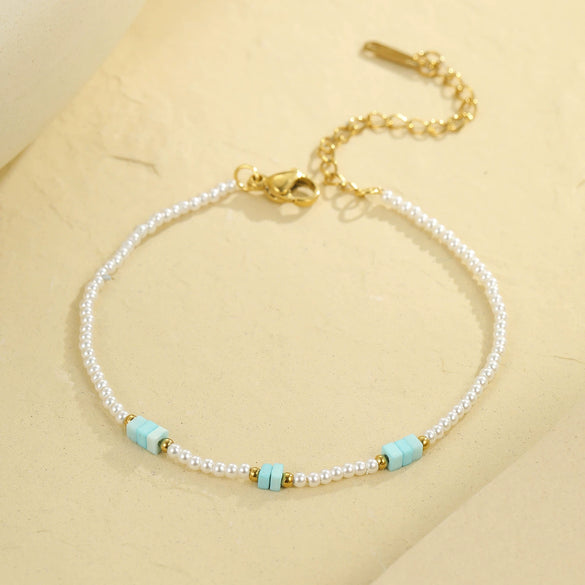 Wholesale Stainless Steel Imitation Pearl Dopamine Beaded Geometric Style Necklace Bracelet Electroplated