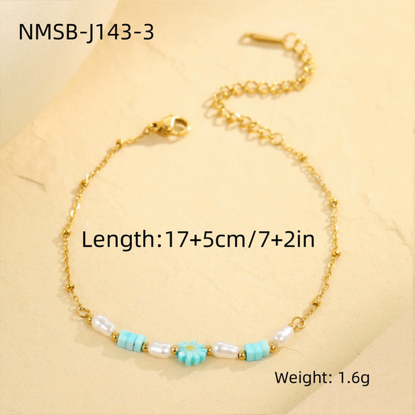 Wholesale Stainless Steel Imitation Pearl Dopamine Beaded Geometric Style Necklace Bracelet Electroplated
