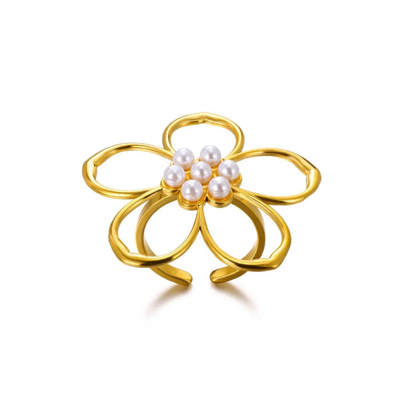 Wholesale Stainless Steel Imitation Pearl Flower Geometric Leaf Open Ring Jewelry Electroplated For Women