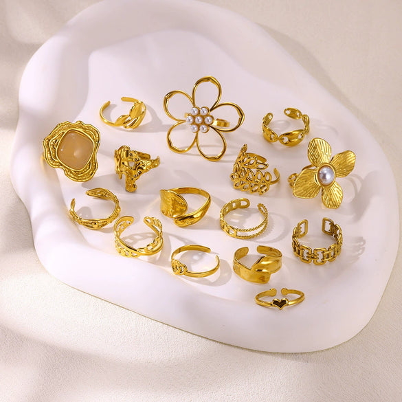 Wholesale Stainless Steel Imitation Pearl Flower Geometric Leaf Open Ring Jewelry Electroplated For Women