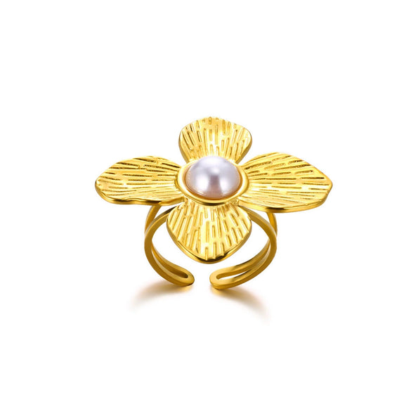 Wholesale Stainless Steel Imitation Pearl Flower Geometric Leaf Open Ring Jewelry Electroplated For Women