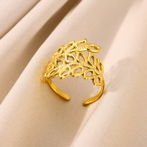 Wholesale Stainless Steel Imitation Pearl Flower Geometric Leaf Open Ring Jewelry Electroplated For Women