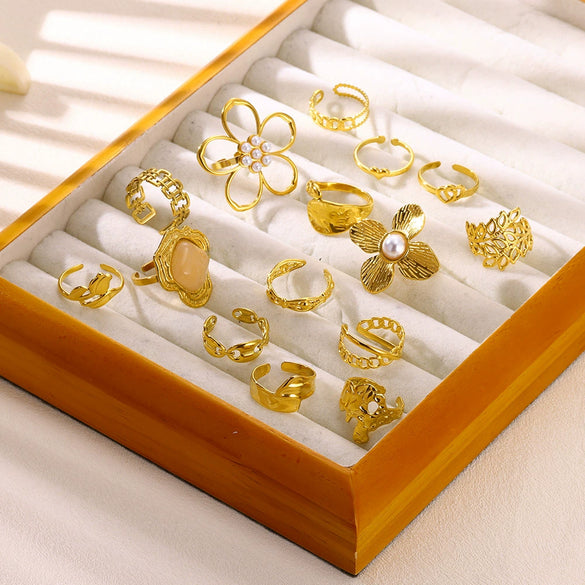 Wholesale Stainless Steel Imitation Pearl Flower Geometric Leaf Open Ring Jewelry Electroplated For Women