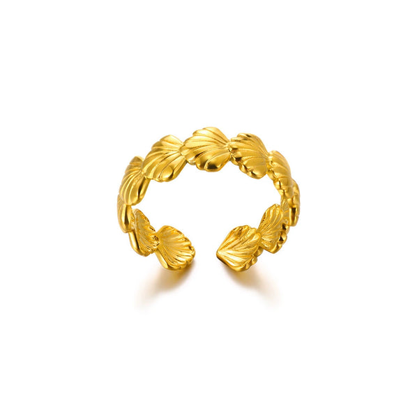 Wholesale Stainless Steel Imitation Pearl Flower Geometric Leaf Open Ring Jewelry Electroplated For Women